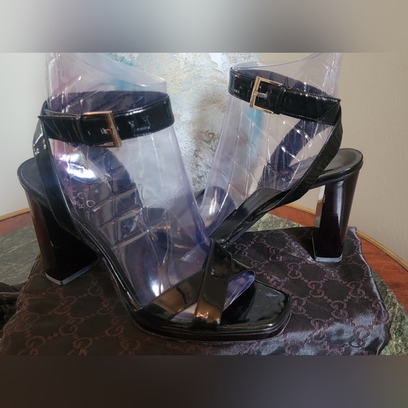 VINTAGE GUCCI TOM FORD BLACK PATENT LEATHER STRAPPY SANDALS 4" HEELS 9B - Picture 10 of 13